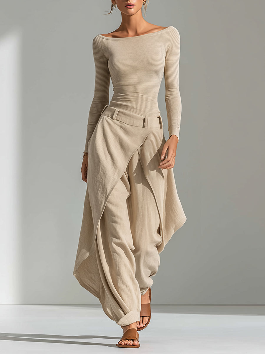 Delphine Beige Boat Neck Top and Wide Ruffled Pants
