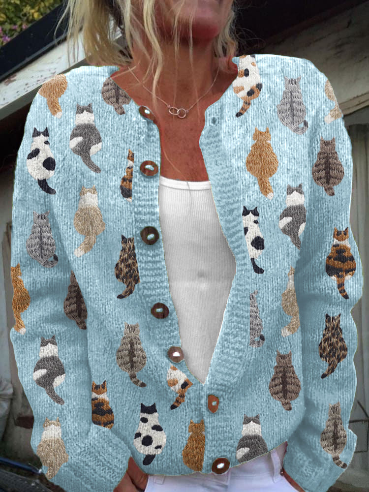 Charlotte Cozy Cat Print Cardigan - Blue