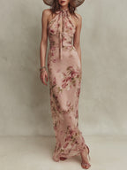 Lia - Elegant Floral Print Chiffon Maxi Dress with Keyhole Neckline