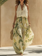 Alessandra - Chiffon Sleeveless Top with Ruffles and Lilium Print Trousers