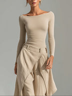 Delphine Beige Boat Neck Top and Wide Ruffled Pants