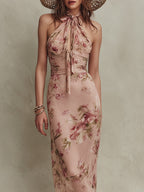 Lia - Elegant Floral Print Chiffon Maxi Dress with Keyhole Neckline