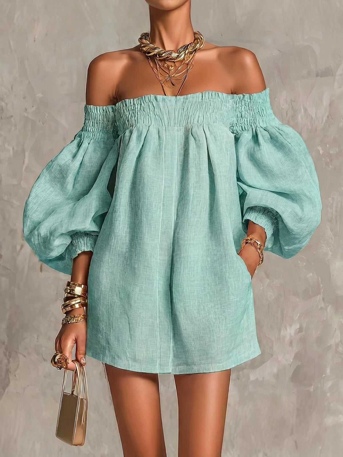 Rosaline | Off-Shoulder Puff-Sleeve Mini Dress - Blue