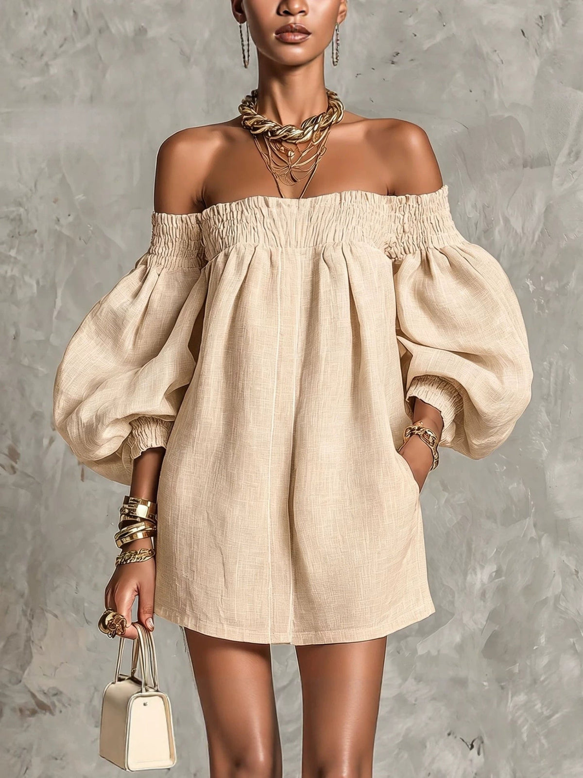 Rosaline | Off-Shoulder Puff-Sleeve Mini Dress - Oatmeal