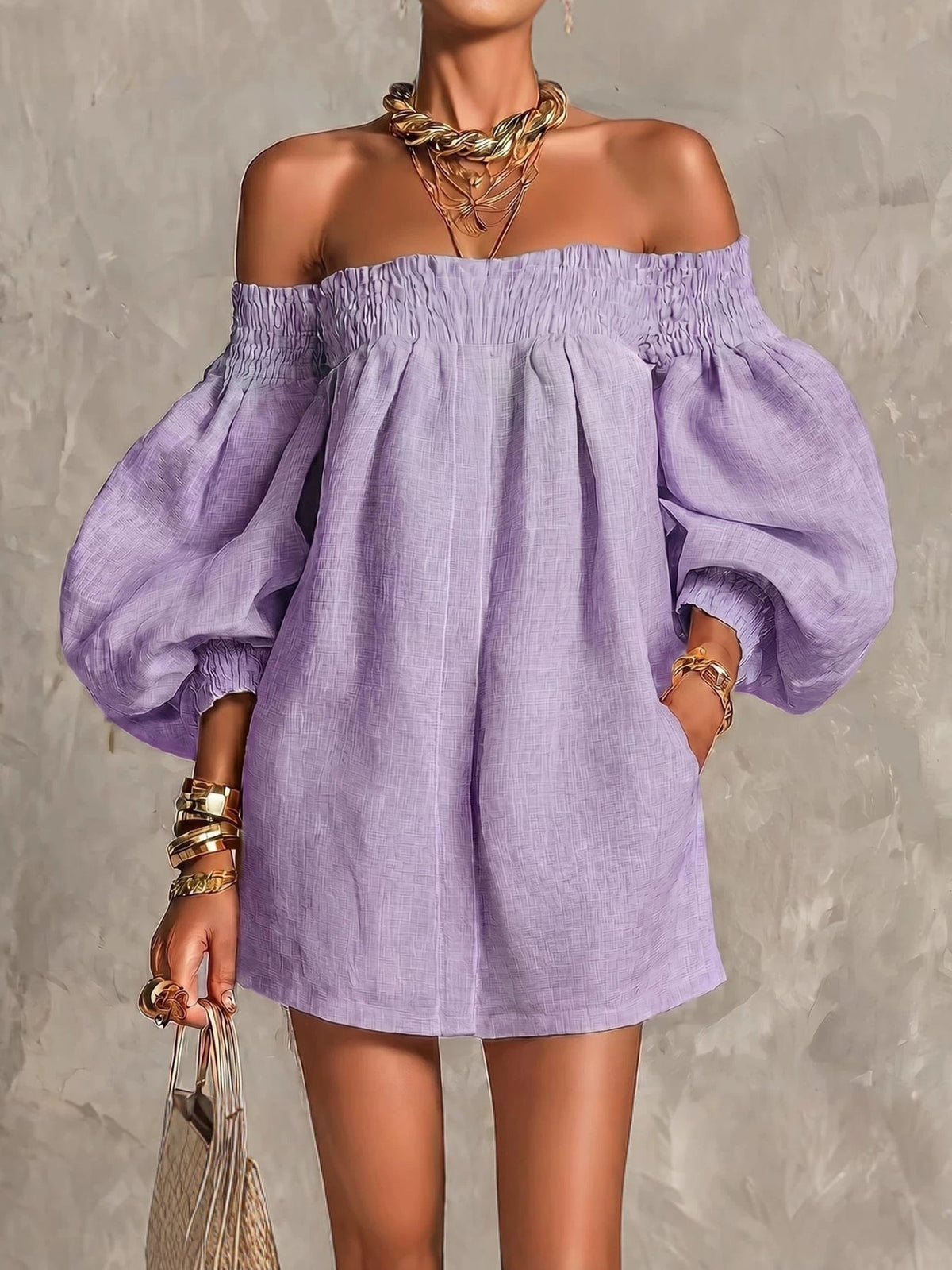 Rosaline | Off-Shoulder Puff-Sleeve Mini Dress - Purple