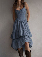 Retro Boho Corset Tiered Midi Dress With Lace-Trim