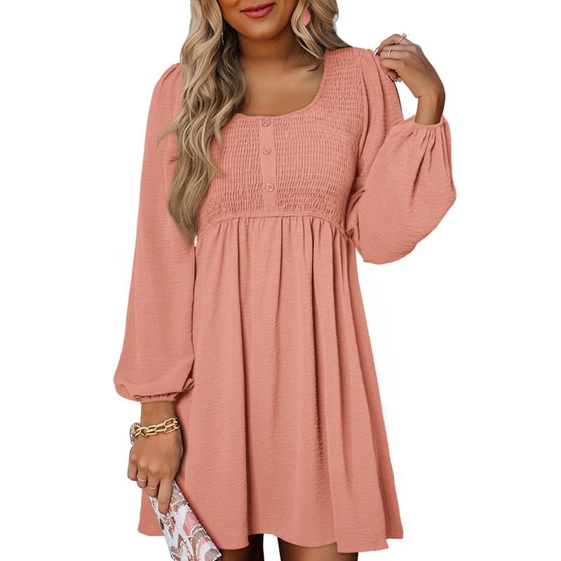 HARPER™ - Casual Smocked Empire Waist A-Line Dress with Button-Up Detail