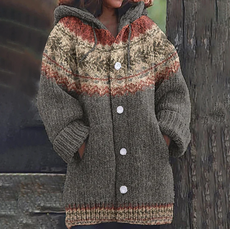 Sigrid | Hooded Patterned Cardigan - Grey