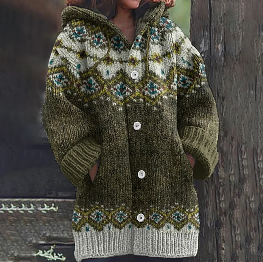 Sigrid | Hooded Patterned Cardigan - Green