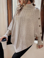 Alexis | High Neck Batwing Poncho Sweater, Asymmetrical Cable Knit Pullover