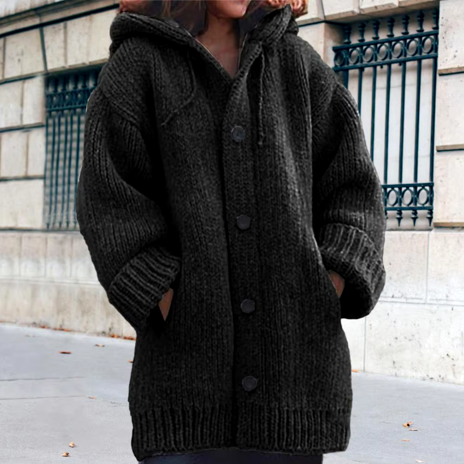 Odile | Cozy Hooded Knit Cardigan - Black