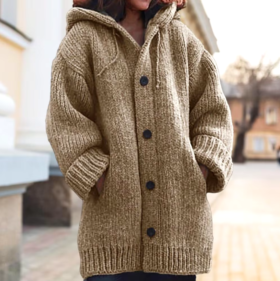 Odile | Cozy Hooded Knit Cardigan - Light Brown