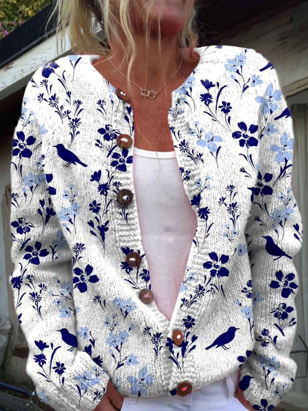 Vynora Vintage Floral Bird Print Button-Front Cardigan Sweater - White Blue