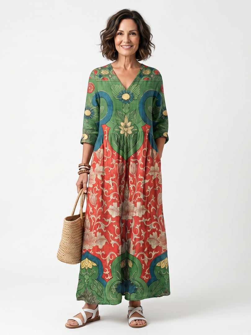 Sloane | Mixed Print V Neck Pocket Midi Dress - Mixed Print