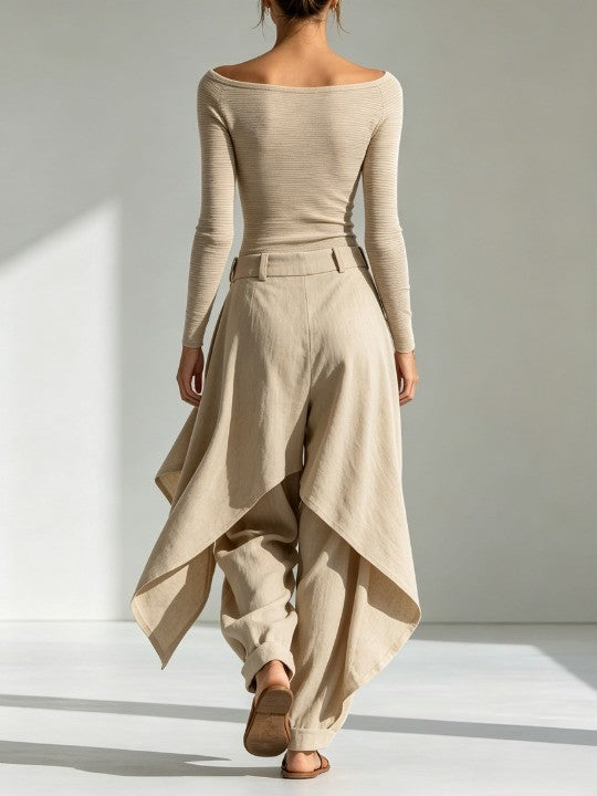 Delphine Beige Boat Neck Top and Wide Ruffled Pants