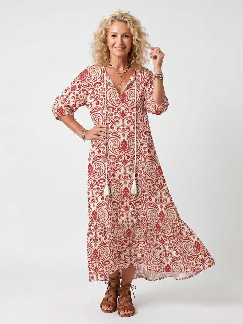 Noelle | Ornate Print Tassel Tie Midi Dress - Red