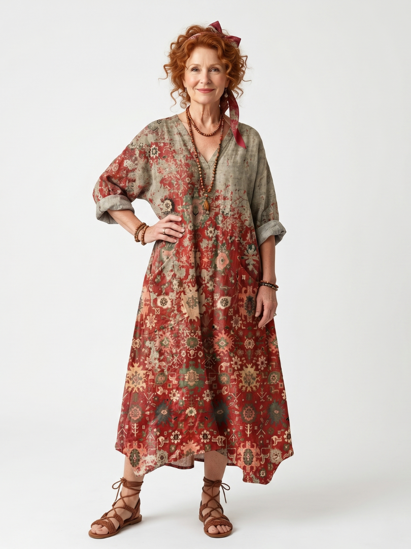 Saffron | Mixed Pattern Relaxed Pocket Midi Dress - Mixed Pattern