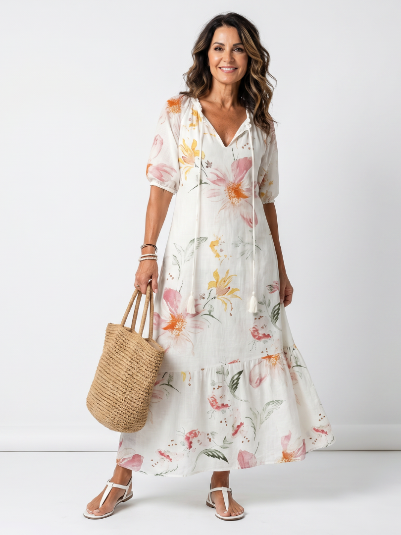 Noa | Soft Floral Tiered Tassel Midi Dress - White Floral