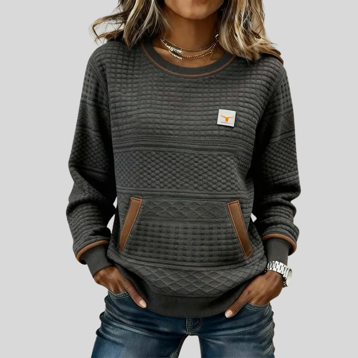 Noelle Crew Neck Colorblock Sweatshirt - Charcoal Grey