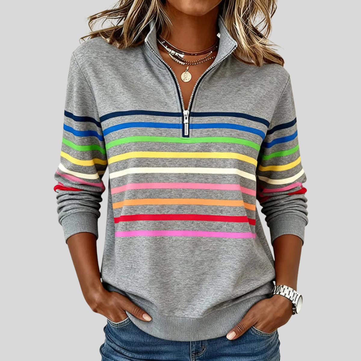 Corabelle | Striped Quarter-Zip Sweatshirt - Grey