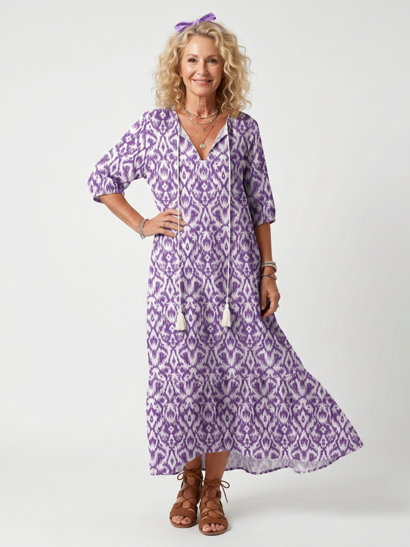 Penelope | Printed Tassel Tie Midi Dress - Purple