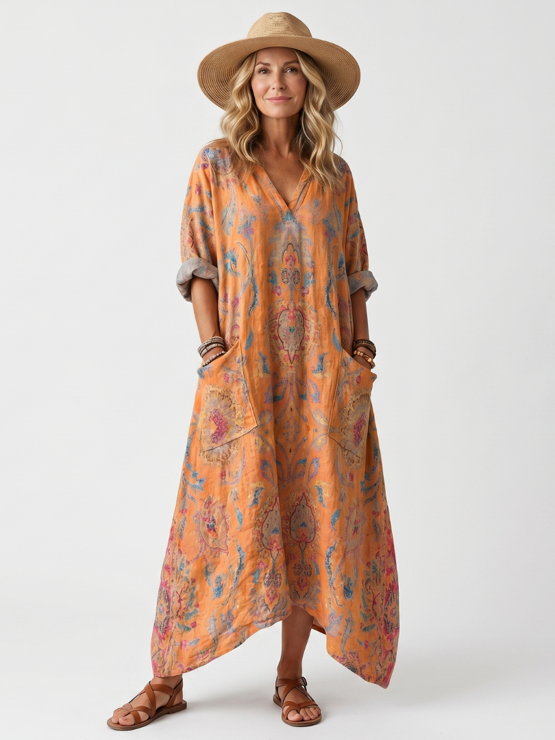 Remi | Notch Neck Printed Oversized Pocket Midi Dress - Orange