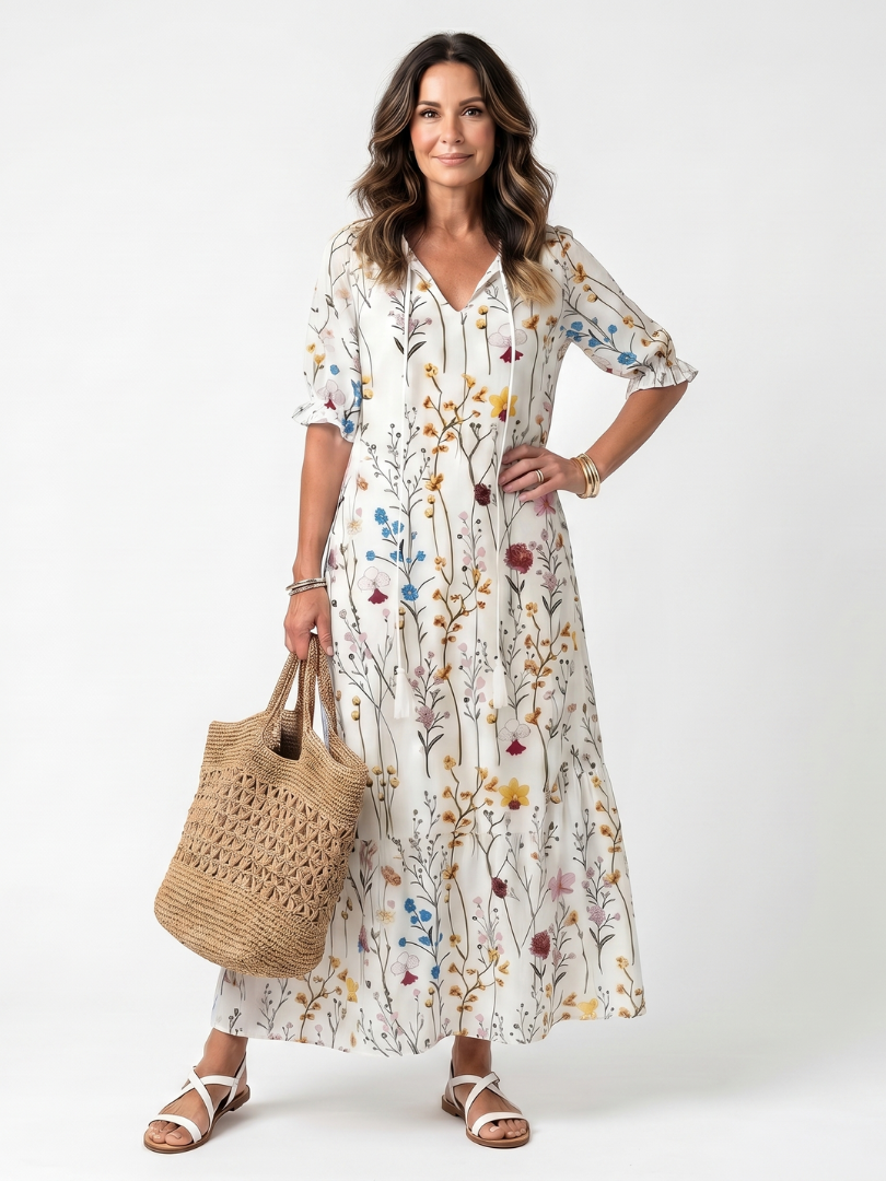 Sylvie | Botanical Print Tassel Tie Midi Dress - Botanical Print