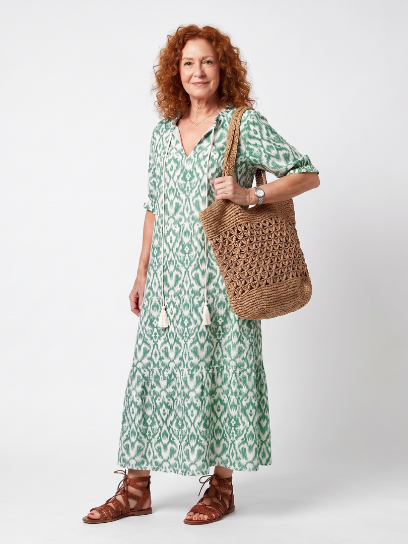 Ilara | Pattern V Neck Tassel Midi Dress - Green