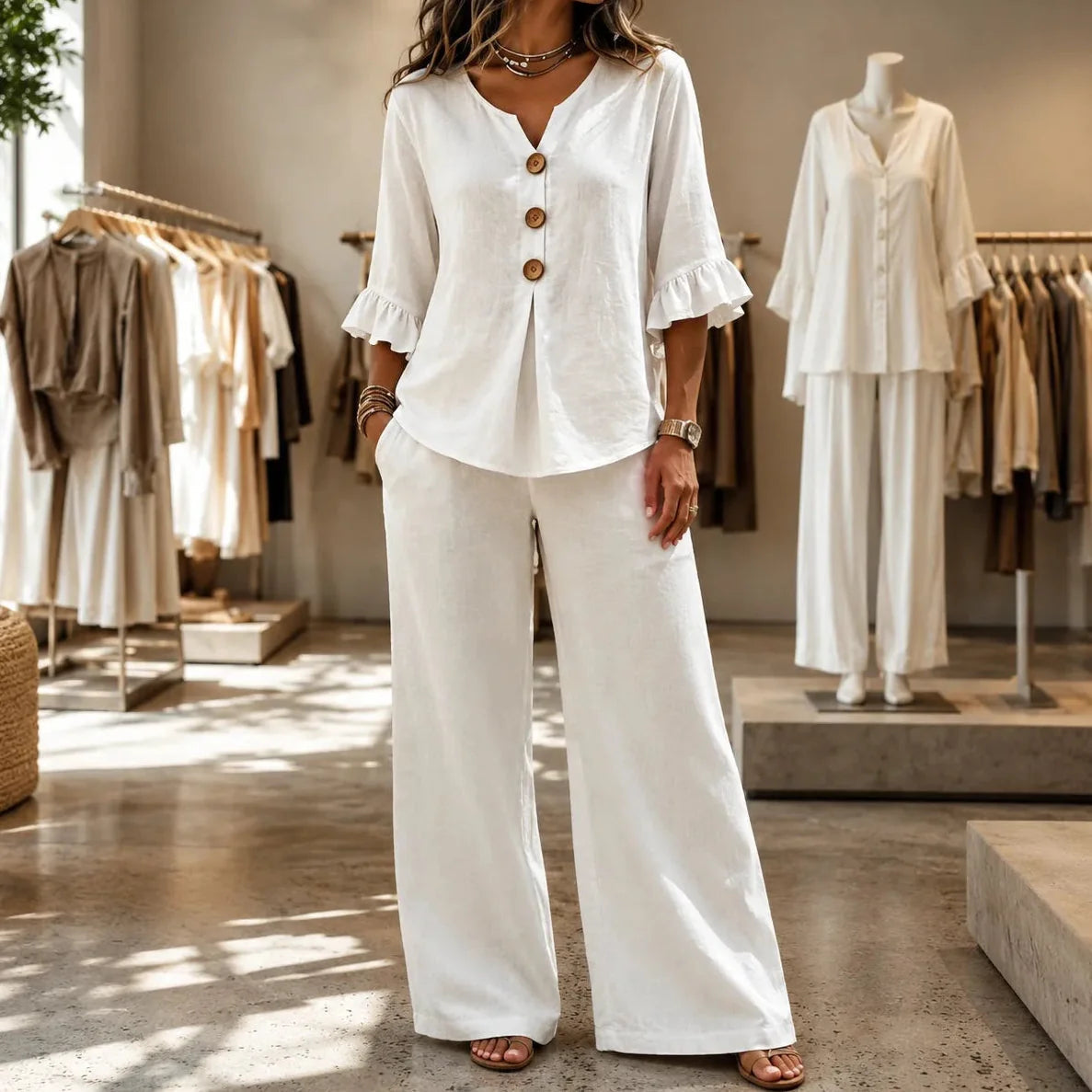 Lunavia | Linen-Look Two-Piece Set with Ruffle Sleeves and Wide-Leg Pants - White