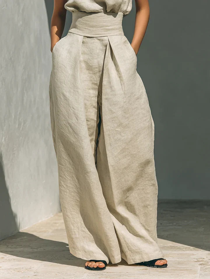 Flor™ | Women's Minimalist Cotton-Linen Set: Sleeveless Blouse & Wide-Leg Trousers