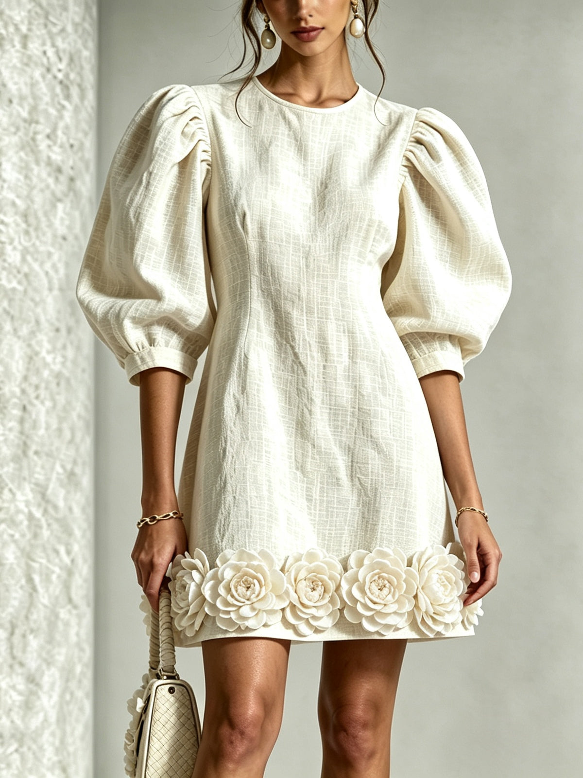 Blanche | Floral-Hem Puff-Sleeve Mini Dress - White