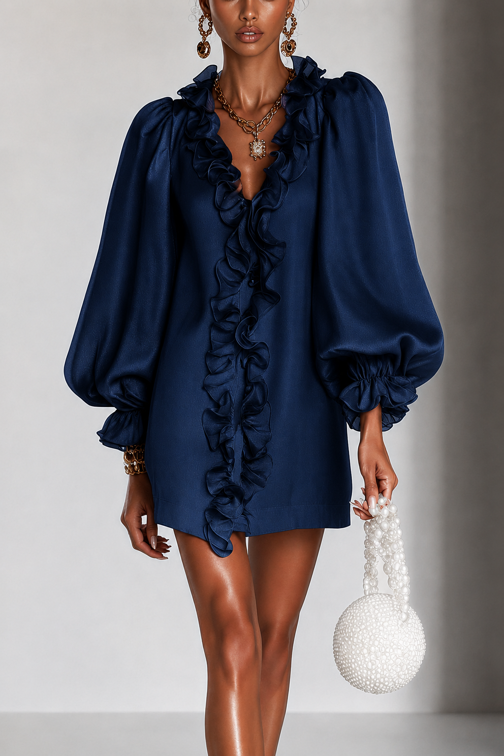 Antoinette | Ruffled Puff-Sleeve Mini Dress - Navy