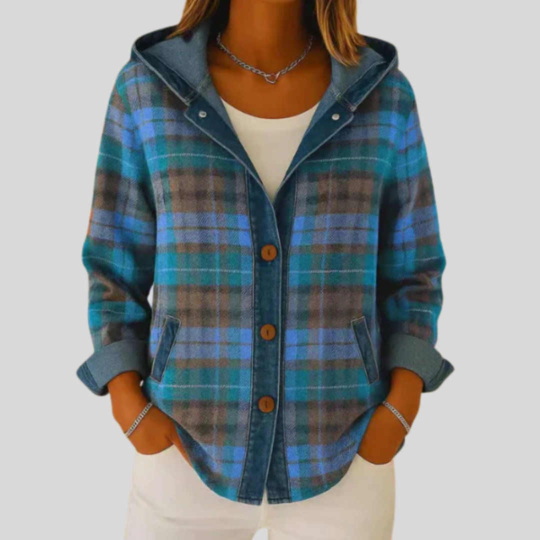 Imogen | Hooded Checked Jacket - Navy Blue