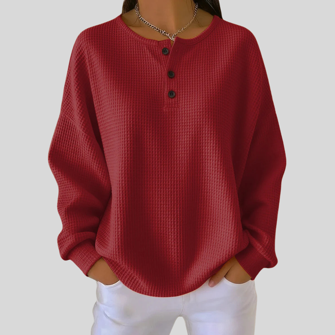 Romy | Relaxed Waffle-Knit Henley Top - Red