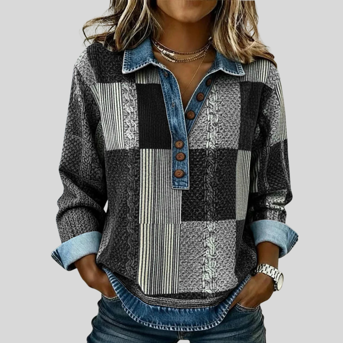 Hattie | Patchwork Collared Pullover - Black