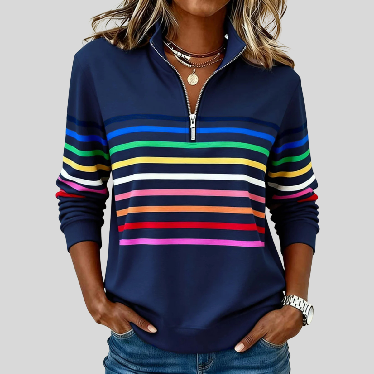 Corabelle | Striped Quarter-Zip Sweatshirt - Navy