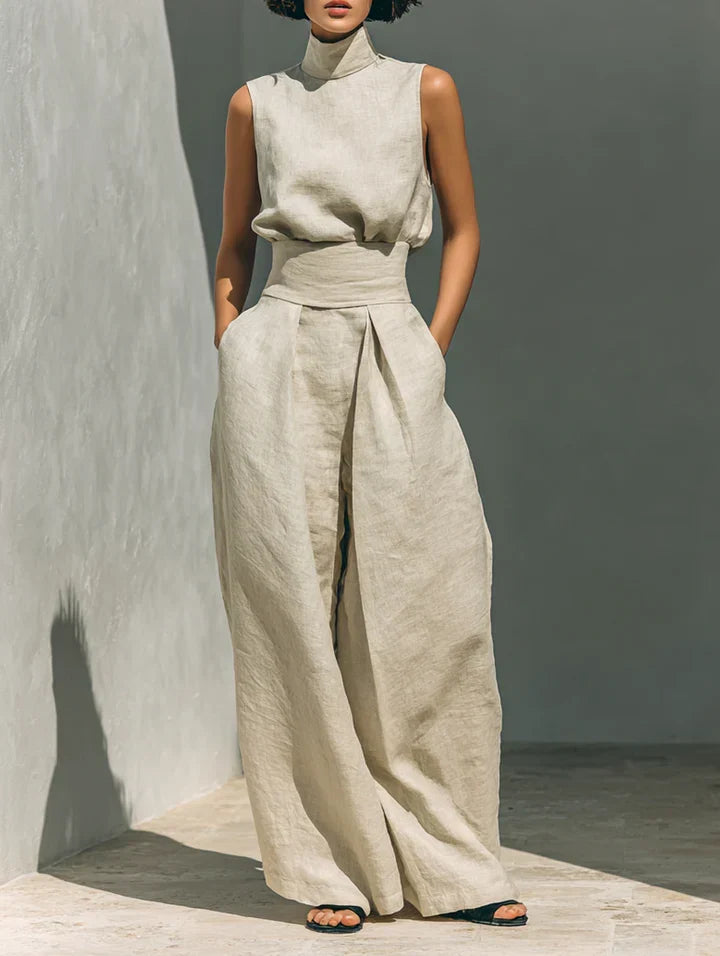 Flor™ | Women's Minimalist Cotton-Linen Set: Sleeveless Blouse & Wide-Leg Trousers