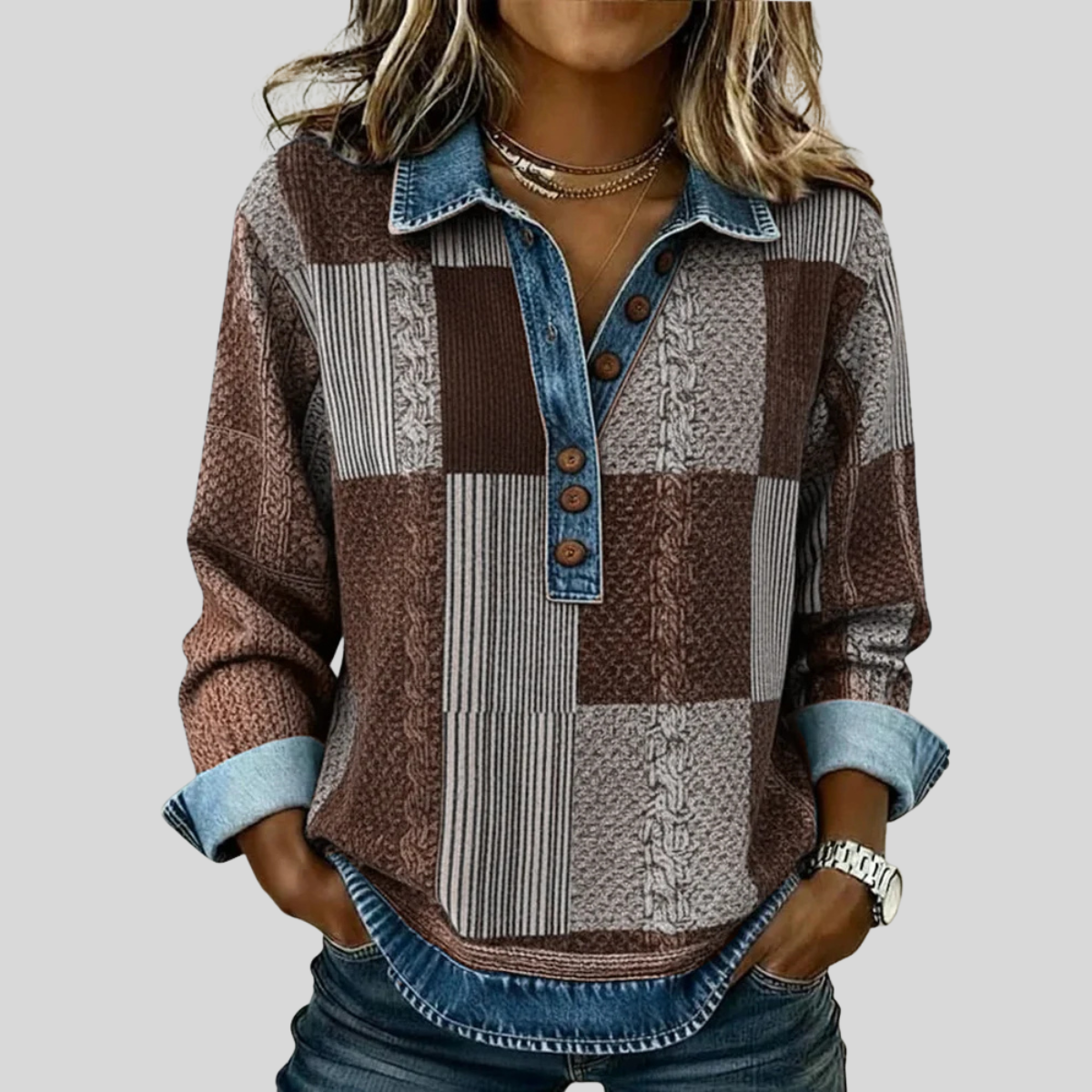 Hattie | Patchwork Collared Pullover - Brown