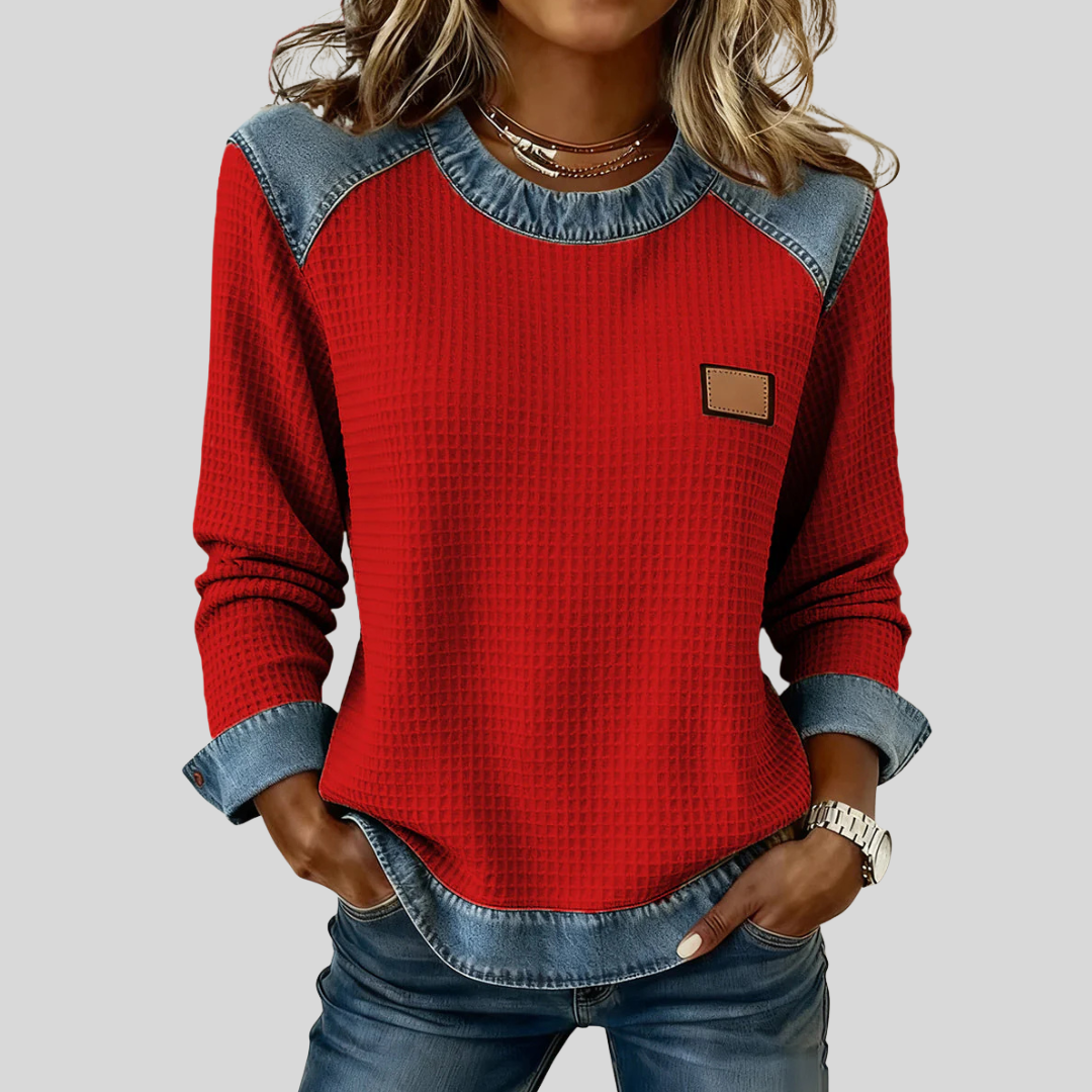 Delancine Patchwork Waffle Sweatshirt - Red