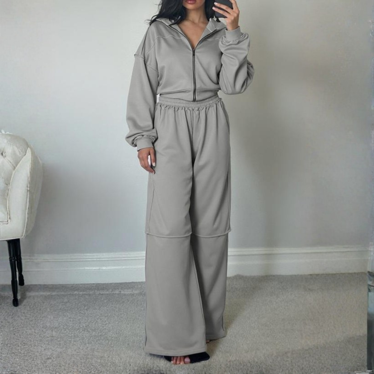 DARA™ - Comfy Zip Up Hooded Sweatshirt and Elastic Waist Pants Set