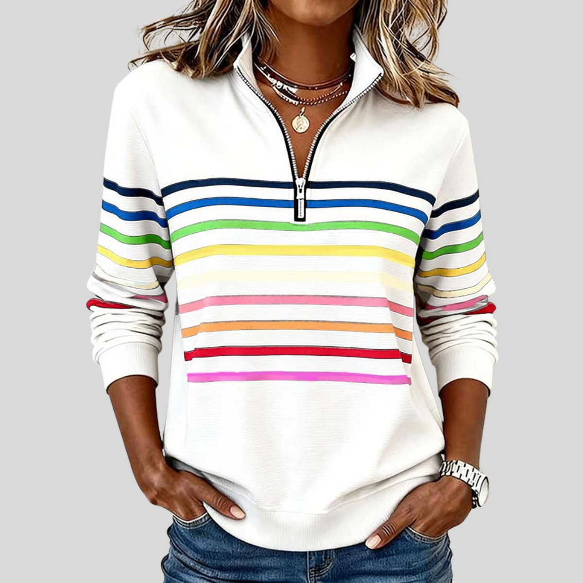 Corabelle | Striped Quarter-Zip Sweatshirt - White