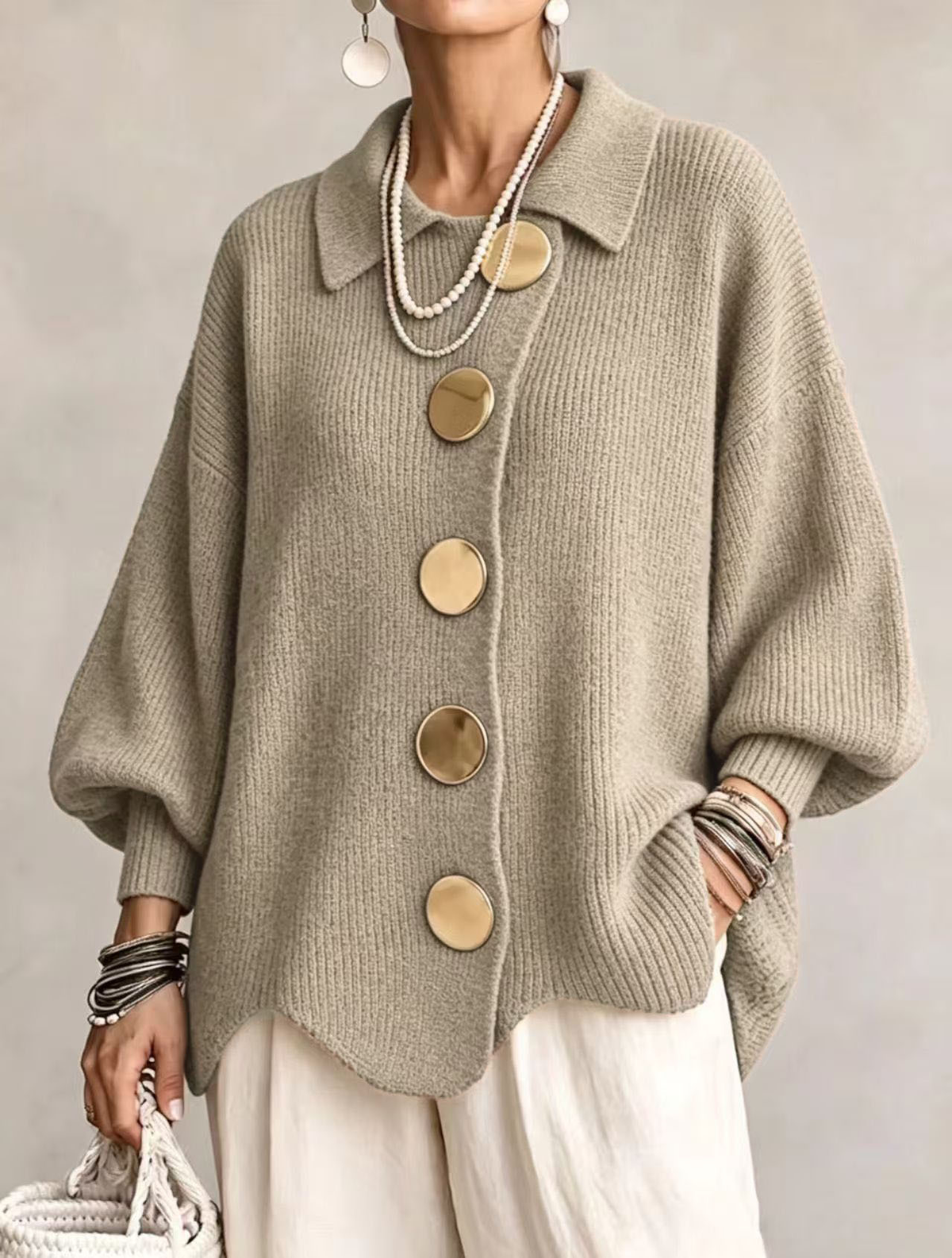 Isadora Oversized Collared Cardigan - Beige