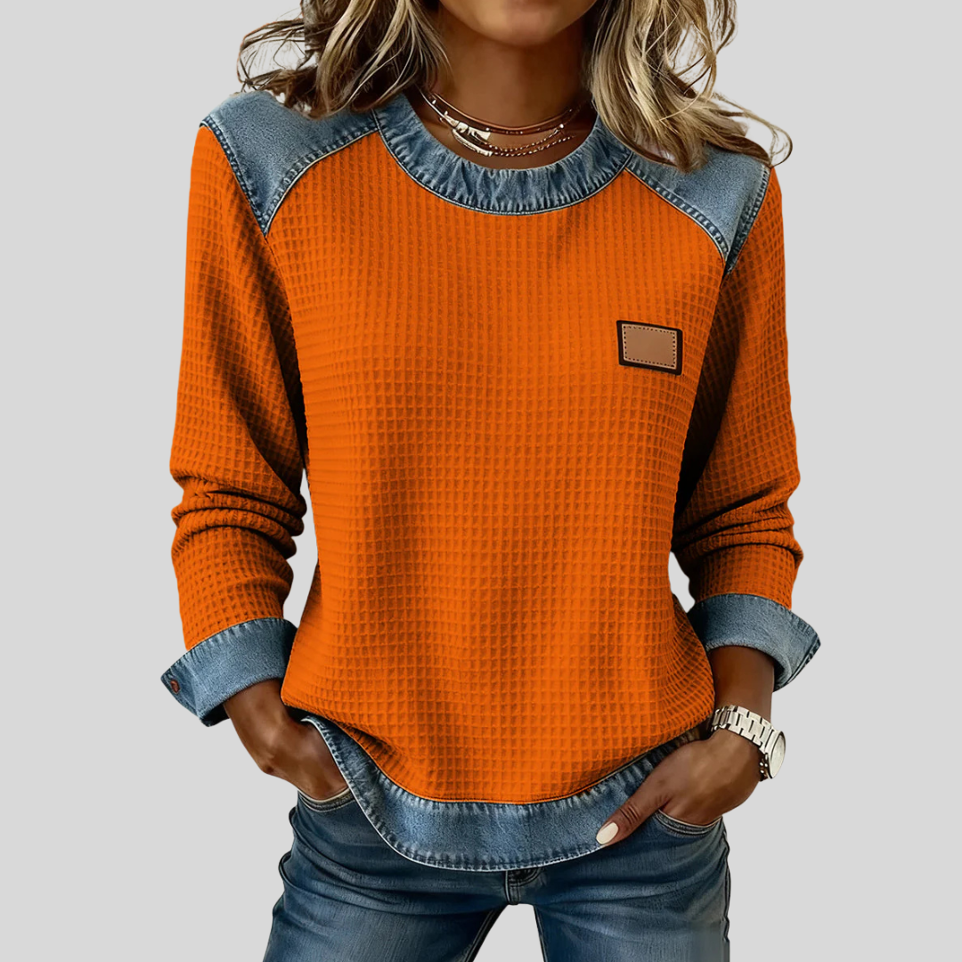 Delancine Patchwork Waffle Sweatshirt - Orange