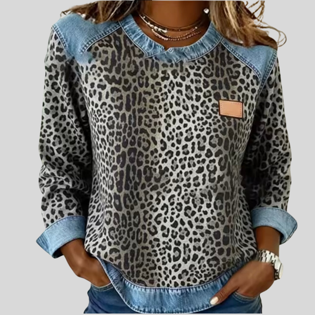 Darlene | Animal Print Contrast-Trim Sweater - Grey