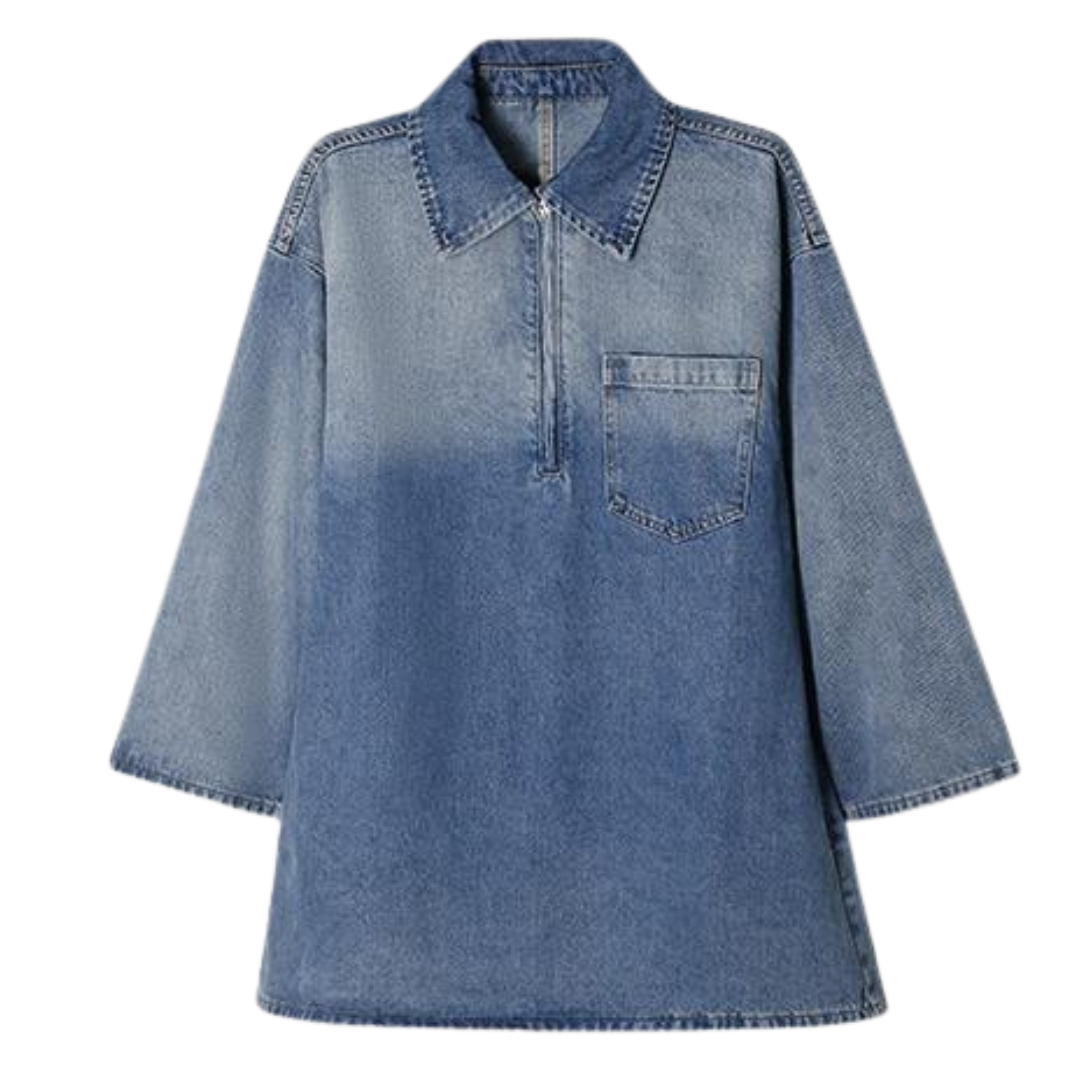 MARIA™ - Loose Fit Denim Dress with Chest Pocket Half-Zip Collared Neck