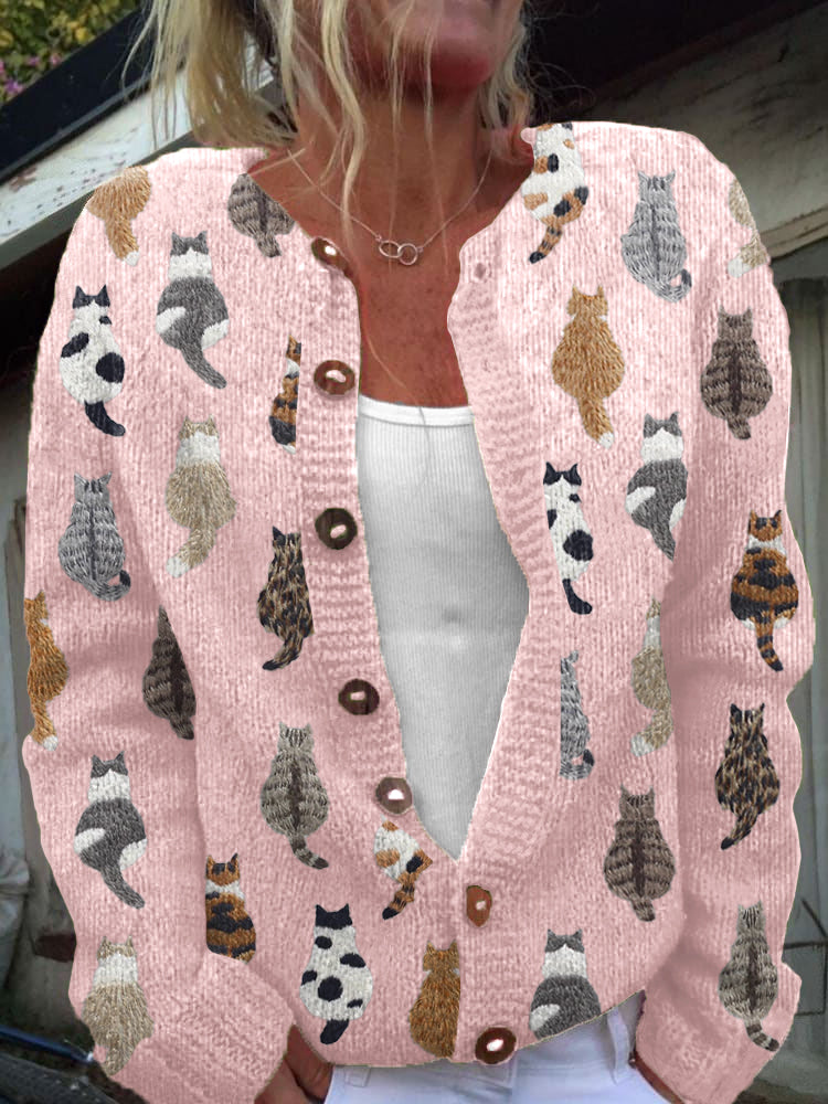 Charlotte Cozy Cat Print Cardigan - Pink