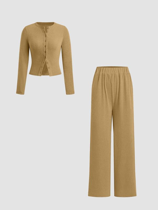 FLORLIE™ - Women’s Ribbed Crop Top & Elastic Waist Pants Casual Set