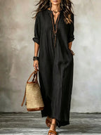 HAVEN | Long Sleeve Maxi Dress V-Neck Striped Style with Side Pockets