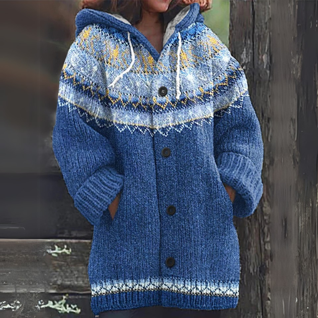 Brenna | Nordic-Pattern Hooded Cardigan - Dark Blue