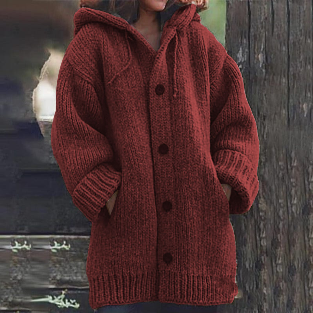 Odile | Cozy Hooded Knit Cardigan - Red